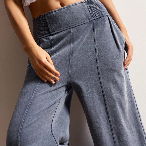 Grey Casual Women's Loose Wide Leg Washed Pants - Picture 5 of 7